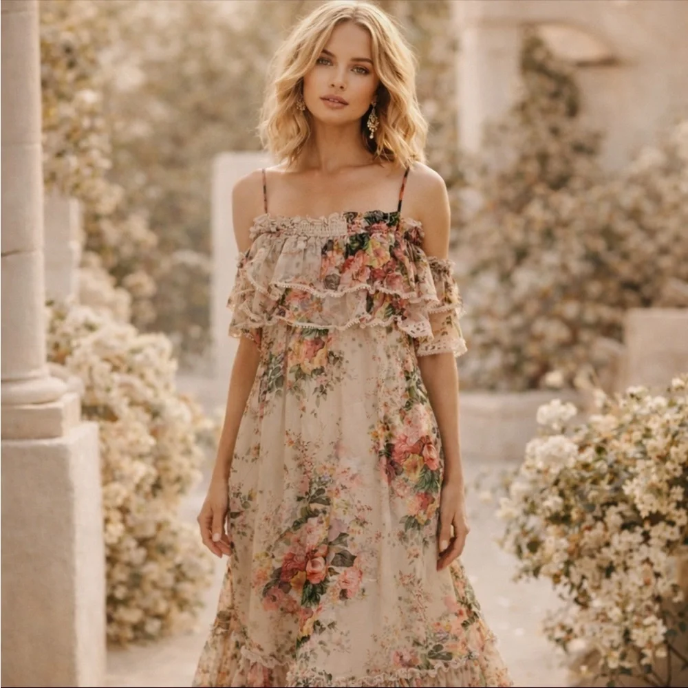 Stellah Spaghetti Strap Floral Tiered Ruffle Midi Dress - Picture 6 of 9